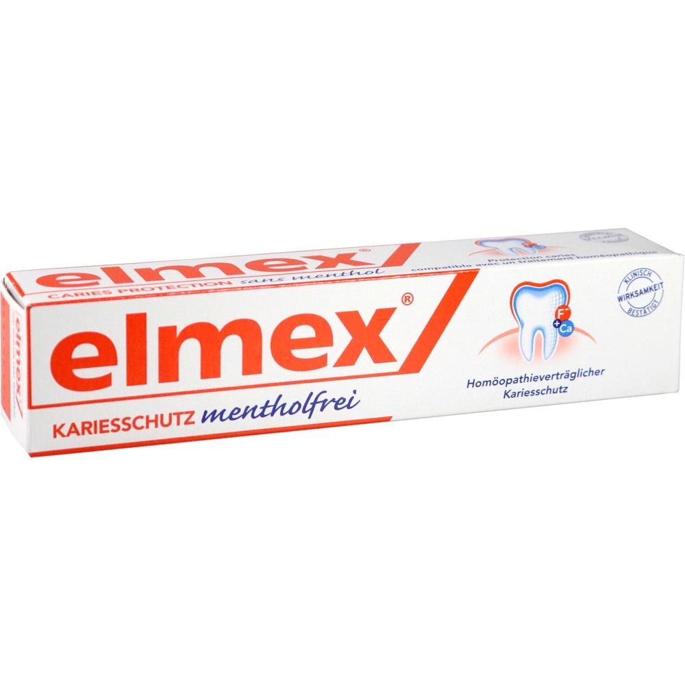 Eine Packung Elmex-Zahnpasta für Karies-Schutz ohne Menthol.