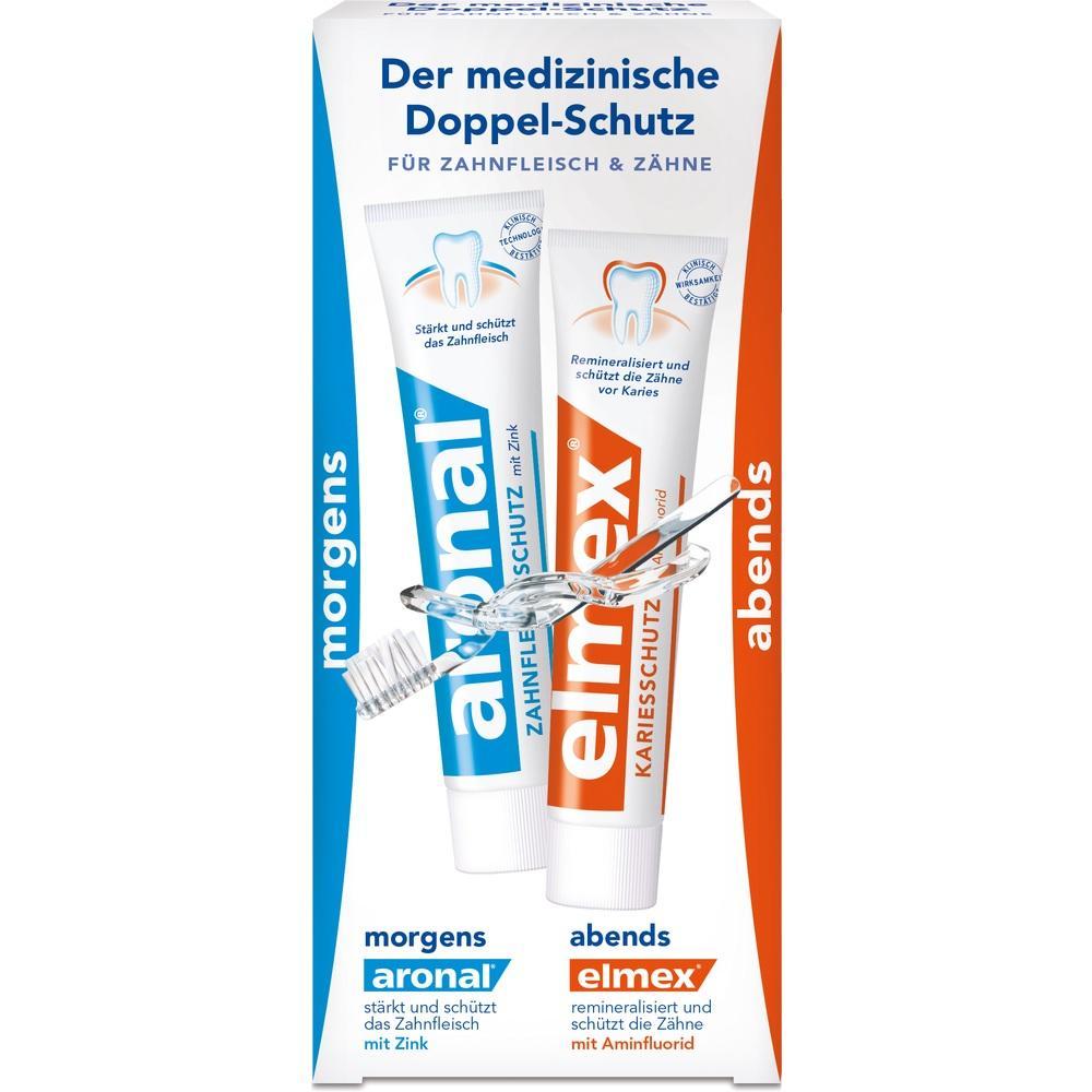 Zwei Zahnpastatuben für morgens und abends auf einer Verpackung.