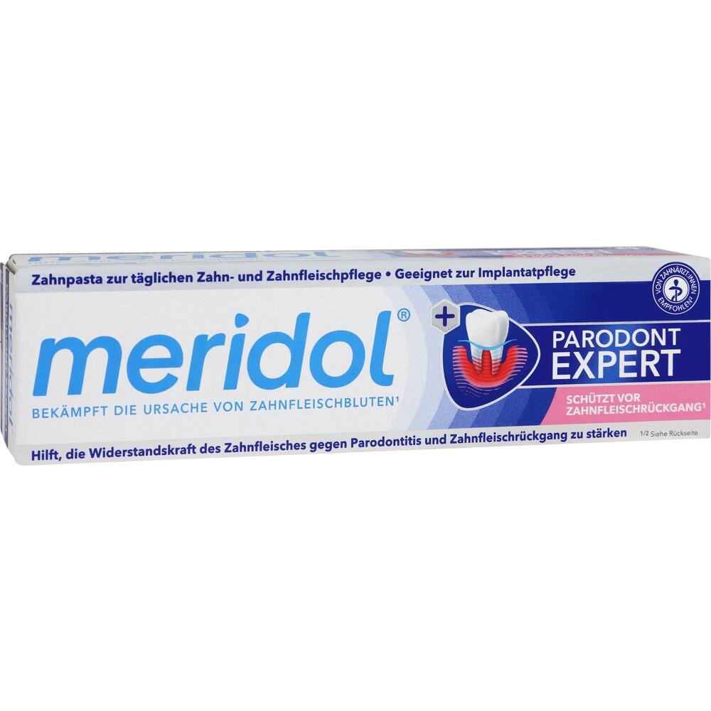Eine Zahnpastaverpackung der Marke Meridol Parodont Expert.